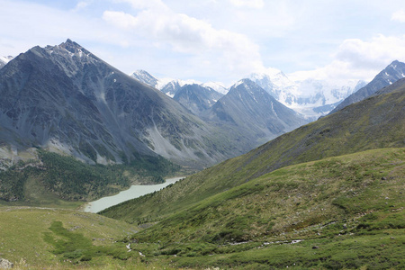 从卡拉蒂克山口阿尔泰山看贝鲁卡山和阿克肯湖，俄罗斯