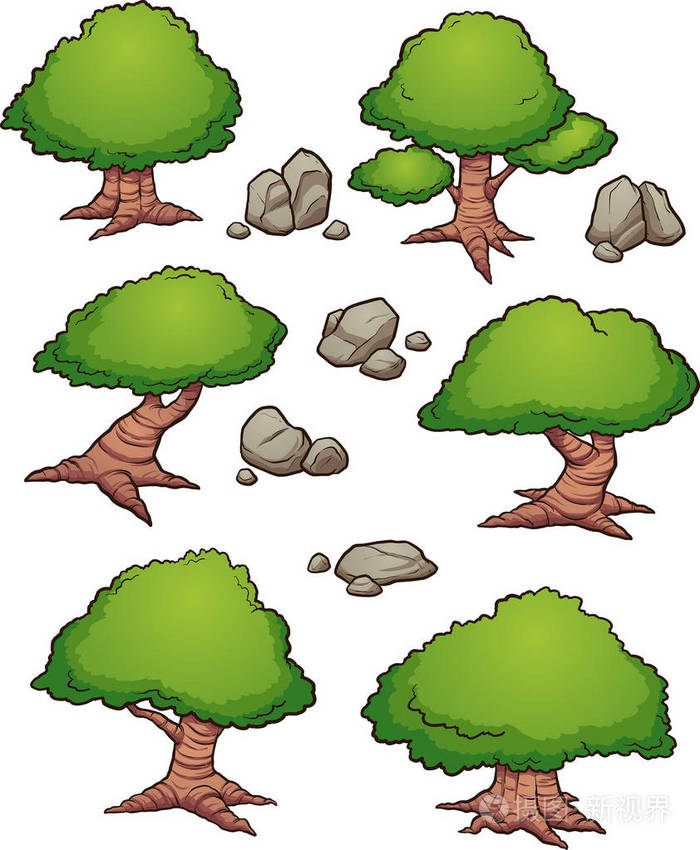 卡通岩石和树木的鸟瞰矢量剪辑艺术插图与简单的梯度每个都在一个单独