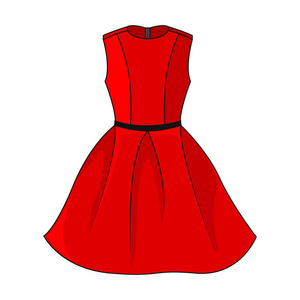 优雅的红色连衣裙图标。 漂亮的短红色连衣裙，黑色灰色带隔离在白色背景上。 没有袖子的节日礼服。 矢量插图eps10。
