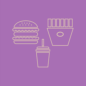 炸薯条汉堡包和苏打水。 快餐图标。 矢量插图