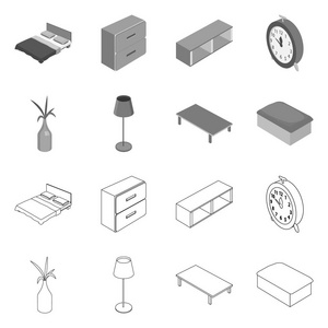 卧室和房间符号的孤立对象。卧室和家具库存的收集矢量插图