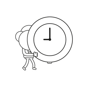 矢量插图商人字符行走和保持时钟时间。黑色轮廓。