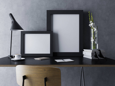 现代场所室内两张黑色框架空白海报的三维模型设计，并排坐在前面的黑色桌子上