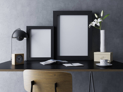 三维真实模拟两个空白海报模板在黑色抛光框架在黑色舒适的室工作空间内部并排站在桌子上的正面视图。