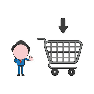 矢量插图商人角色显示大拇指与购物车。颜色和黑色轮廓。