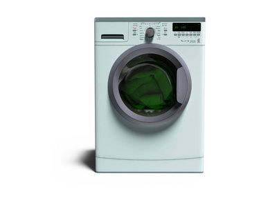 蓝色洗衣机与洗衣服3D渲染白色背景与阴影