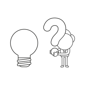 矢量插图商人性格与灯泡和持有问号. 黑色轮廓.照片