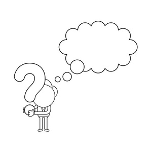 矢量插图商人人物持有问号与空白思想泡沫. 黑色轮廓.照片
