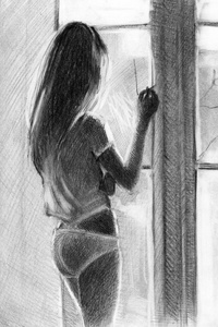 女孩抽烟。 靠近窗户。 铅笔绘图。 图形图形