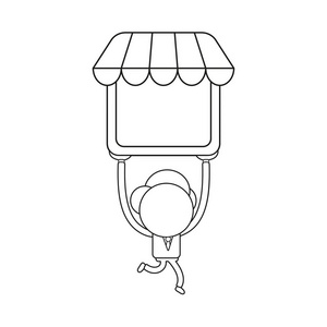 矢量插图商人字符运行和携带商店。 黑色轮廓。