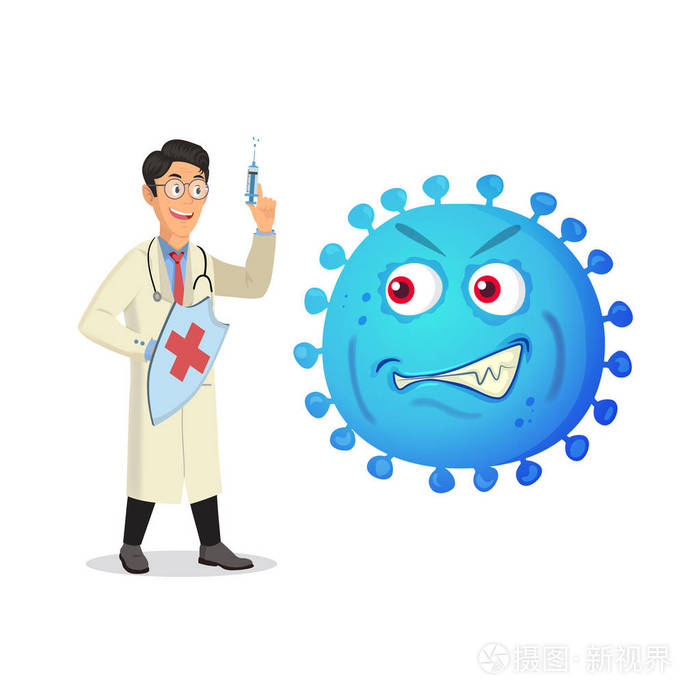 医生与注射器和邪恶的病毒周围