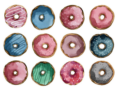 一套多色甜甜圈与糖霜和焦糖灰粉色蓝色水彩插图