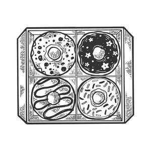 甜甜圈图像甜甜圈在盒子雕刻向量例证.划痕板式模仿.黑白手绘图像照片