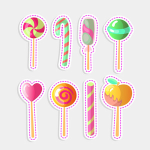 一套明亮的矢量糖果。一套五颜六色的棒棒糖, 卡通插图。圆圆的和心棒棒糖, 焦糖苹果, 甜糖果隔离在白色。甜棒棒糖的集合
