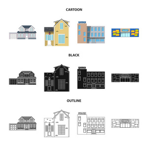 建筑物和前面图标的孤立对象。股票的建筑和屋顶矢量图标集合