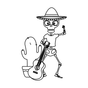 骨架墨西哥与帽子和吉他