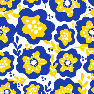 春季花卉无缝图案。 蓝色黄色和海军蓝花背景，用于网印纺织品壁纸设计。