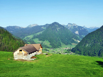瑞士圣加伦州丘尔弗宁山脉山坡上的高山畜牧场和马厩