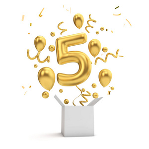 快乐的5岁生日黄金惊喜气球和盒子. 3d渲染照片