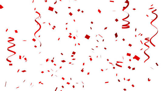 许多红色纸屑和丝带在白色背景上，为庆祝活动和新年聚会，圣诞节或任何节日。 三维抽象插图