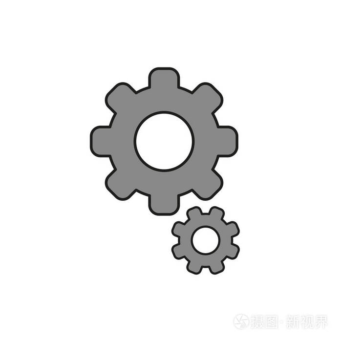 白色背景上齿轮符号图标的平面设计风格矢量图.彩色,黑色轮廓.