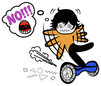 卡通人物试图保持平衡. 在现代电动滑板或气垫板上平衡.