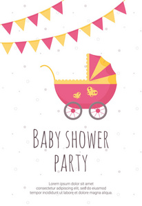 婴儿淋浴邀请模板粉红色和黄色婴儿车和党的旗帜在扁平的风格