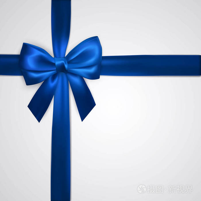 现实的蓝色蝴蝶结与丝带隔离在白色上.元素为装修礼品,问候,节日.