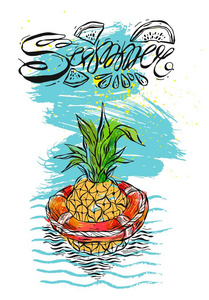 手绘矢量抽象彩色图形模板卡与菠萝游泳在救生艇在海浪