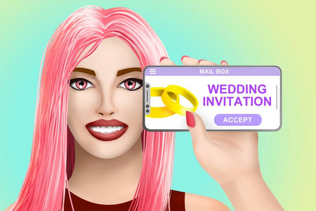 概念婚礼邀请上网。在彩色背景上微笑漂亮的漂亮女孩。数字插图