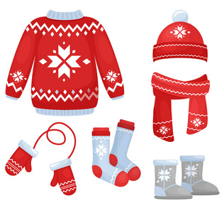 冬天衣服汇集的向量例证。针织帽子和围巾, 袜子, 手手套, 圣诞风格的毛衣隔离在白色背景在卡通扁平风格