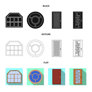 门 和 前 图标的矢量插图。股票的门和木质矢量图标集
