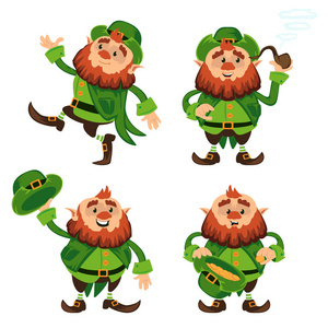 小妖精卡通人物设置为圣帕特里克日不同的姿势,有趣的矮矮表情符号