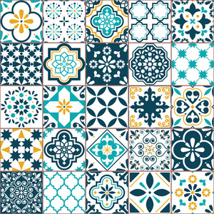 里斯本几何杜鹃花瓷砖矢量图案葡萄牙或西班牙复古旧瓷砖马赛克地中海