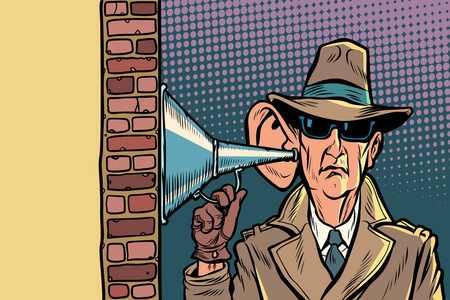 电脑监视器上有间谍摄像机的卡通商人摄像机的眼睛透过一个空的棕色硬