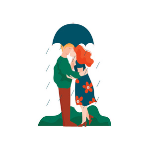 年轻的男人和女人拥抱和亲吻下的伞下, 浪漫的情侣走在雨中, 快乐情人