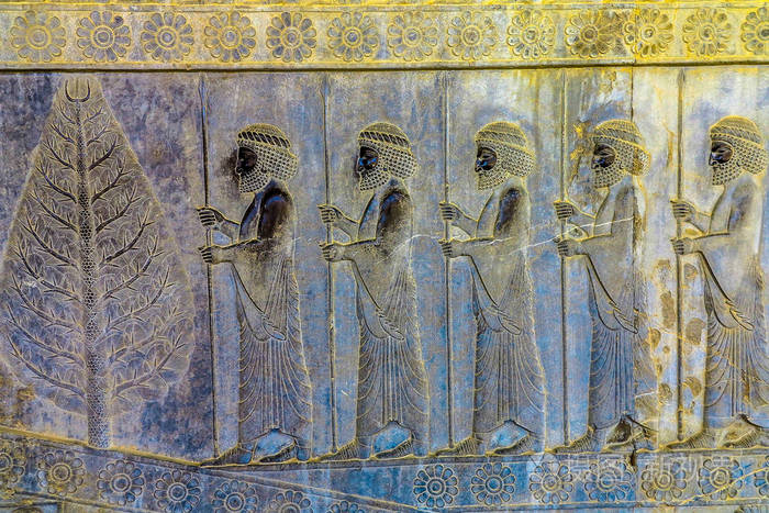 波斯波利斯历史遗址墙雕波斯古代士兵和一棵树