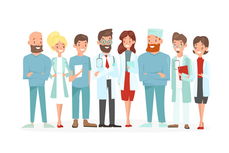 医生小组的传染媒介例证。快乐和微笑的医务工作者孤立在白色背景。卡通平式医院工作人员