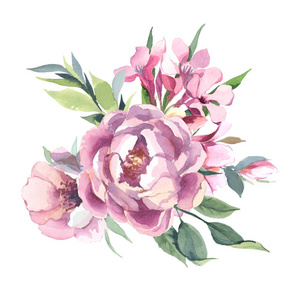 淡粉色花朵和绿叶的水彩插图。 牡丹花束和蓝花花束分离在白色背景中。 婚礼和情人节贺卡的花卉元素