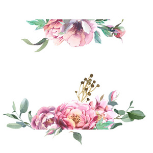淡粉色花朵和绿叶的水彩插图。 一帧牡丹和蓝花分离在白色背景。 婚礼和情人节贺卡的花卉元素
