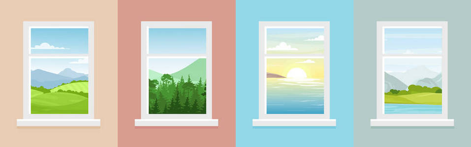 窗口的向量例证集合以不同的风景。城市和海洋, 森林和山脉的看法, 从窗户在平面卡通风格