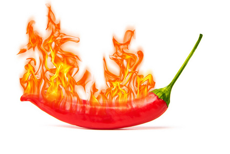 白色背景上有火的红色辣椒。 关闭墨西哥蔬菜有机辣食品。