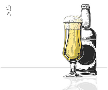 一瓶啤酒。 一杯啤酒。 素描风格的矢量插图。