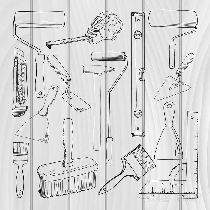 设置工具油漆建筑在白色背景上隔离的不同工具手绘矢量插图的草图风格
