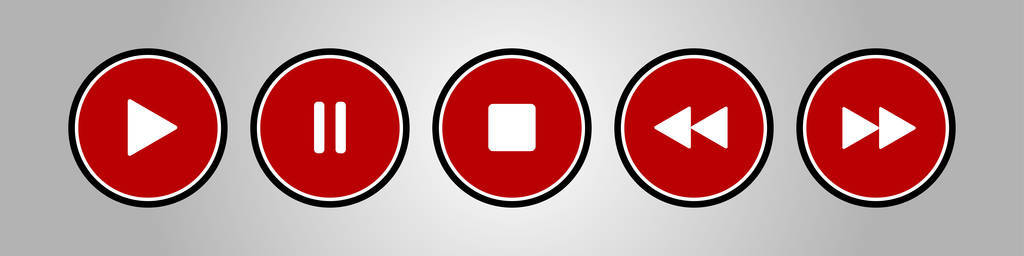 红色白色圆形音乐控制按钮设置五个图标与阴影前面的银色背景
