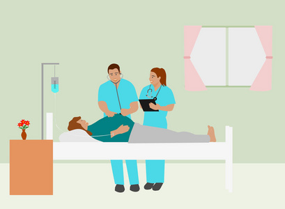 产科医生正在白色房间的床上检查一个女人的子宫。
