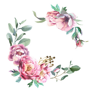 淡粉色花朵和绿叶的水彩插图。 牡丹和蓝花的圆形框架在白色背景中分离。 婚礼和情人节贺卡的花卉元素