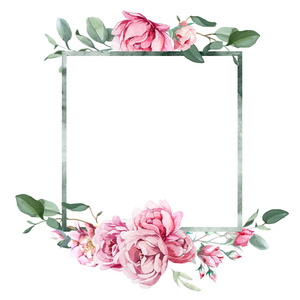 淡粉色花朵和绿叶的水彩插图。 框架与牡丹花束和蓝花分离在白色背景。 婚礼和情人节贺卡的花卉元素