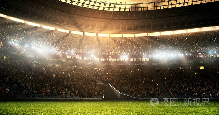一个专业的足球体育场的照片，而太阳照耀。 体育场和观众用3D制作