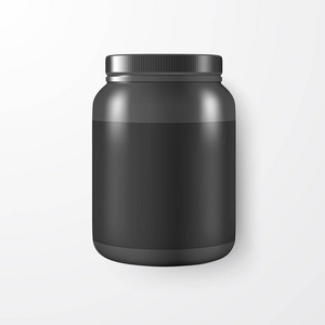 矢量逼真的3d 黑色塑料罐, 可以与盖子特写镜头隔离在白色背景。设计模板乳清蛋白, 运动粉, 维生素, bcaa, 丸, 帽子的